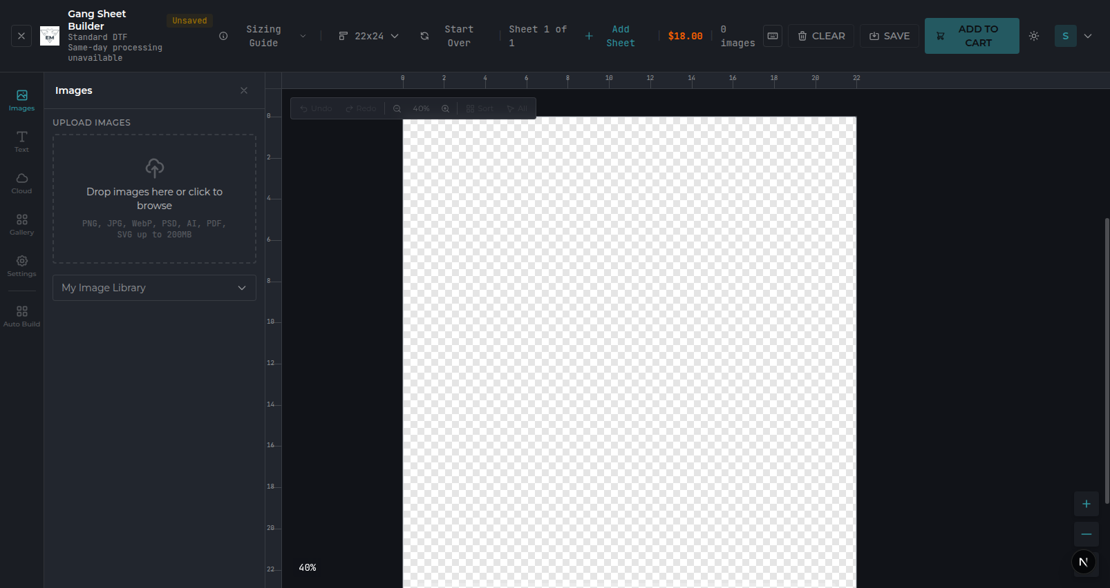 Gang sheet builder in customer mode on the storefront