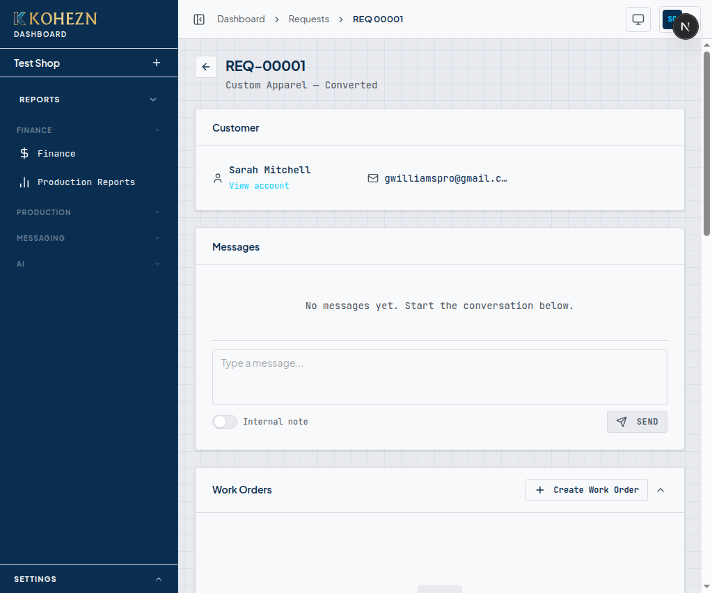 Request detail REQ-00001 in the Kohezn dashboard